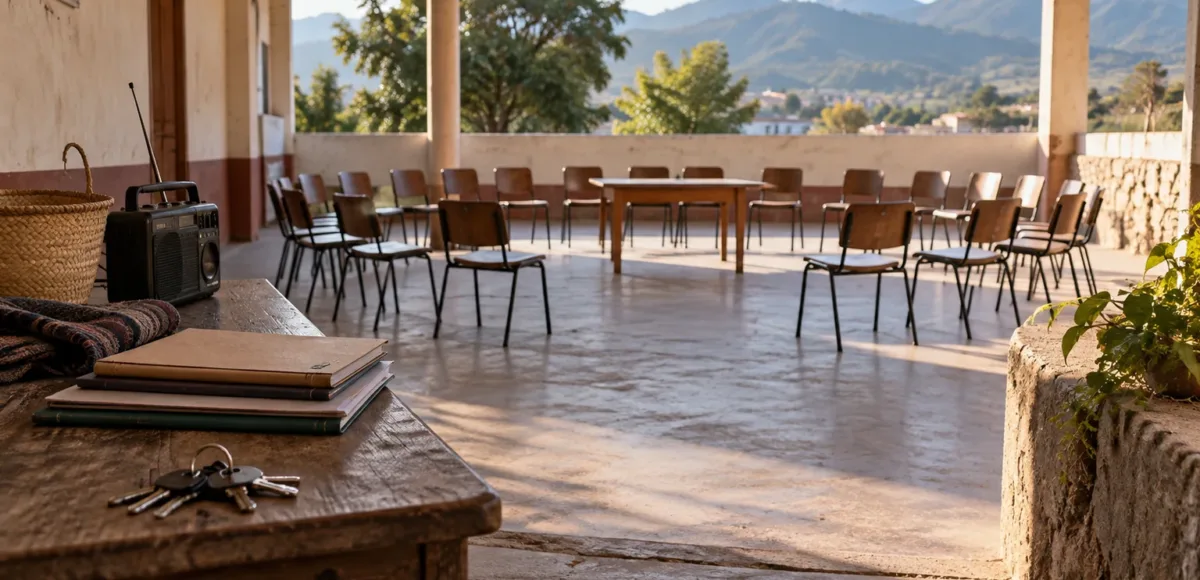 Patio comunitario abierto con sillas en semicírculo, una mesa central y, en primer plano, una radio, carpetas y llaves.