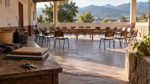 Patio comunitario abierto con sillas en semicírculo, una mesa central y, en primer plano, una radio, carpetas y llaves.