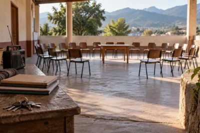 Patio comunitario abierto con sillas en semicírculo, una mesa central y, en primer plano, una radio, carpetas y llaves.