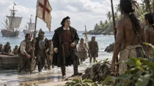 Recreación histórica editorial del desembarco de Cristóbal Colón en el Caribe durante su primer viaje de 1492.