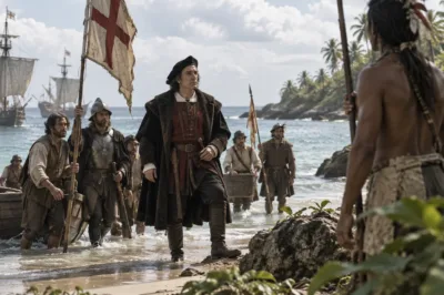 Recreación histórica editorial del desembarco de Cristóbal Colón en el Caribe durante su primer viaje de 1492.