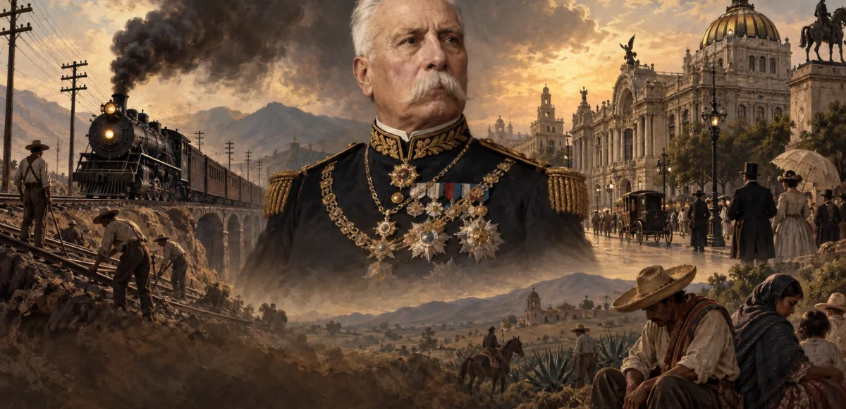 Ilustración de Porfirio Díaz junto a un ferrocarril, edificios y trabajadores del México porfiriano.