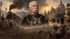 Ilustración de Porfirio Díaz junto a un ferrocarril, edificios y trabajadores del México porfiriano.