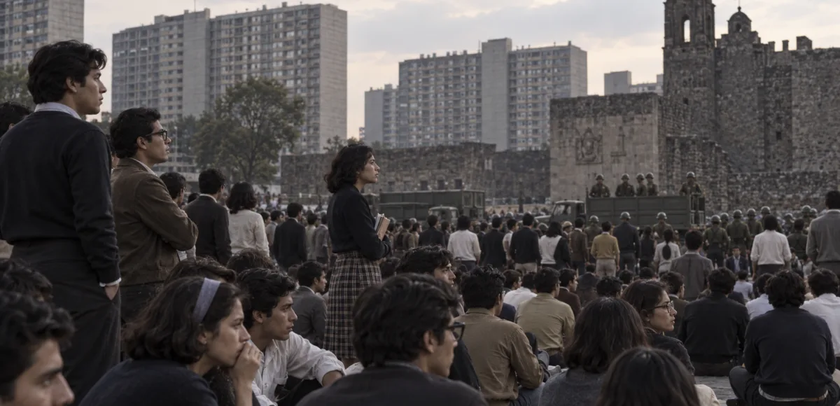 Recreación histórica editorial del movimiento estudiantil en la Plaza de las Tres Culturas, Tlatelolco, 1968.