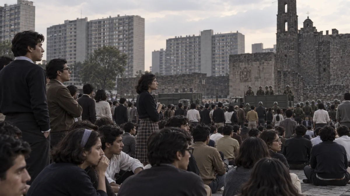 Recreación histórica editorial del movimiento estudiantil en la Plaza de las Tres Culturas, Tlatelolco, 1968.