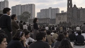 Recreación histórica editorial del movimiento estudiantil en la Plaza de las Tres Culturas, Tlatelolco, 1968.