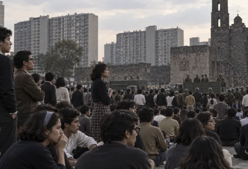 Recreación histórica editorial del movimiento estudiantil en la Plaza de las Tres Culturas, Tlatelolco, 1968.