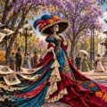 Catrina con vestido floral, sombrero y plumas completos en una plaza, junto a un collage de grabados de calaveras.