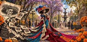 Catrina con vestido floral, sombrero y plumas completos en una plaza, junto a un collage de grabados de calaveras.