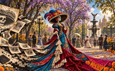 Catrina con vestido floral, sombrero y plumas completos en una plaza, junto a un collage de grabados de calaveras.
