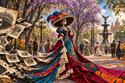 Catrina con vestido floral, sombrero y plumas completos en una plaza, junto a un collage de grabados de calaveras.