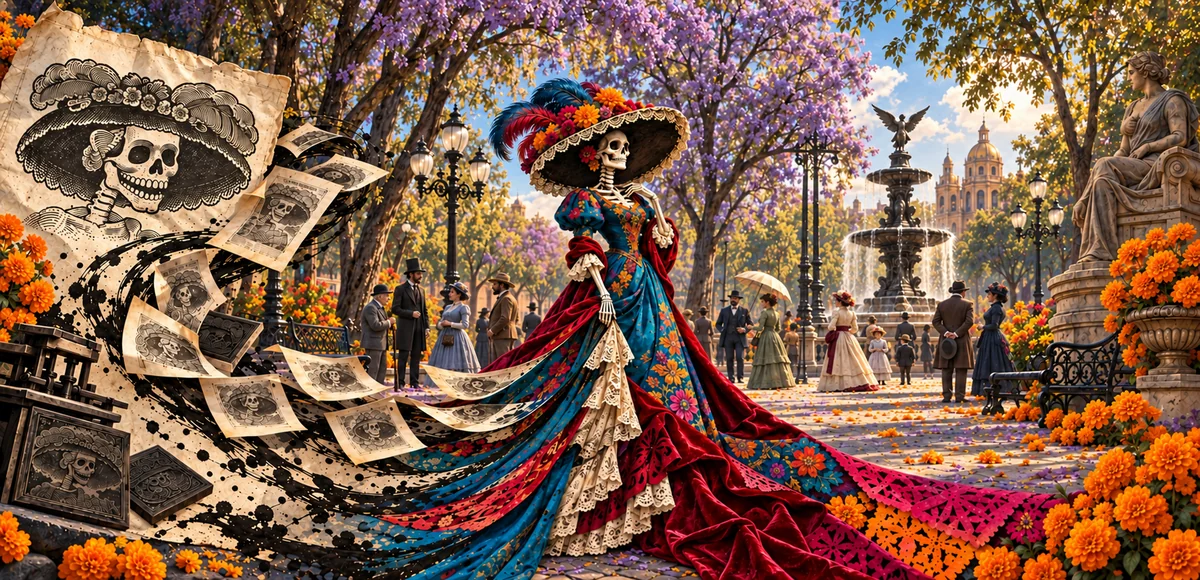 Catrina con vestido floral, sombrero y plumas completos en una plaza, junto a un collage de grabados de calaveras.