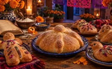 Panes de distintas formas, incluido un bollo redondo con adornos de masa, sobre una mesa con un recetario, flores y velas.