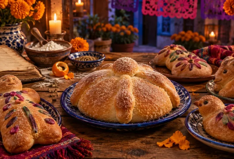 Panes de distintas formas, incluido un bollo redondo con adornos de masa, sobre una mesa con un recetario, flores y velas.