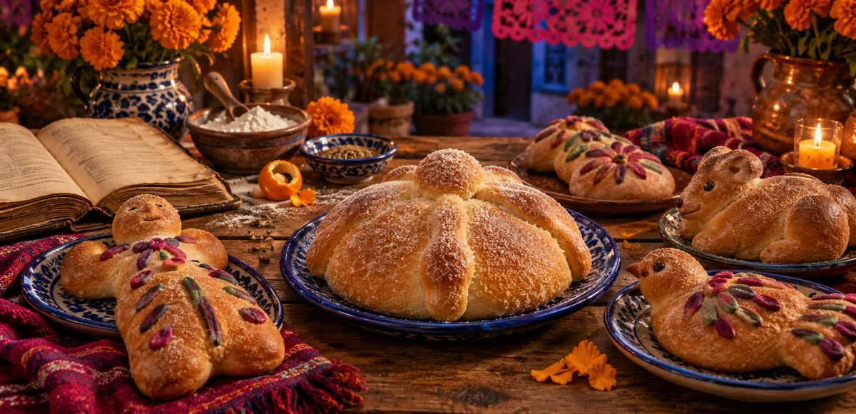 Panes de distintas formas, incluido un bollo redondo con adornos de masa, sobre una mesa con un recetario, flores y velas.