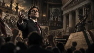 Un líder carismático frente a una multitud, con un congreso, columnas judiciales y símbolos institucionales al fondo en una composición editorial.