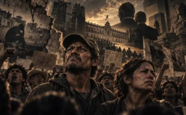 Una multitud marcada por el agravio y la protesta frente a símbolos del poder político y social, en una composición editorial sobre resentimiento político.