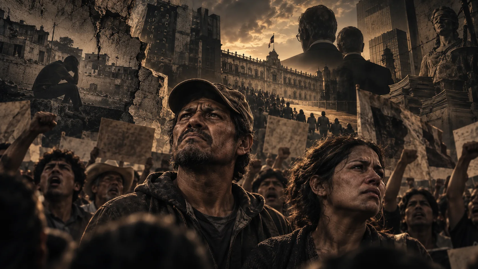 Una multitud marcada por el agravio y la protesta frente a símbolos del poder político y social, en una composición editorial sobre resentimiento político.