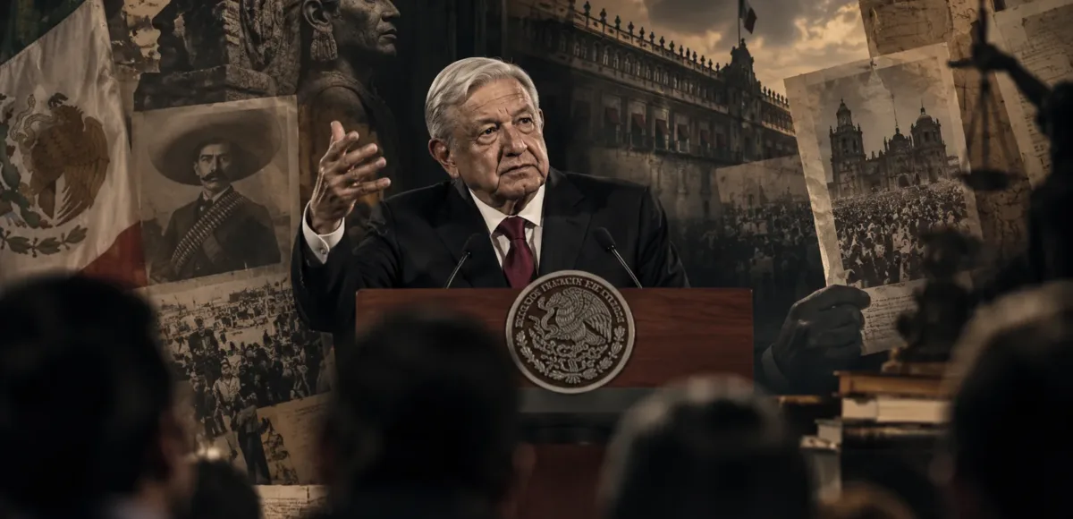 Andrés Manuel López Obrador ante un podio, rodeado de referencias visuales a la historia política de México en una composición editorial.