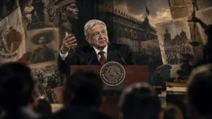 Andrés Manuel López Obrador ante un podio, rodeado de referencias visuales a la historia política de México en una composición editorial.