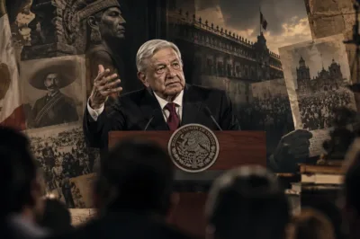 Andrés Manuel López Obrador ante un podio, rodeado de referencias visuales a la historia política de México en una composición editorial.